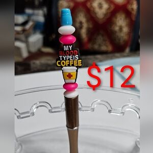Coffee Focal Themed Pen with Red and White Beads